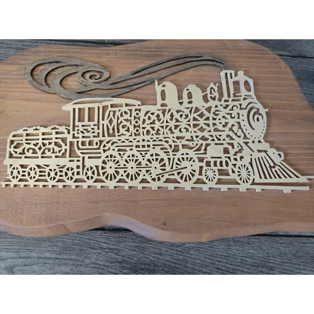 Vintage Train Locomotive Scroll Saw Wood Handcrafted Wall Folk Art Décor Plaque